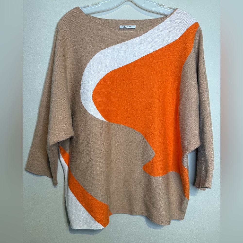 Sioni Abstract Print Sweater Tan/Beige/Camel Orange White Women’s Size XL Dolman